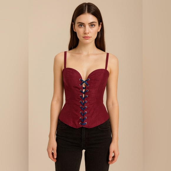 STAUD Lace Up Corset Style Silk Tank Top In Burgundy/Maroon Size M - Picture 1 of 10
